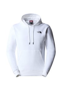 Felpa bianca realizzata in tessuto morbido, con tasca a marsupio, polsini e orlo a coste, e un piccolo logo nero sul lato sinistro del petto.