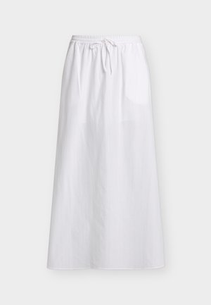 Jupe blanche longueur cheville avec ceinture élastique et cordon à l'avant, en tissu léger avec une texture subtile.