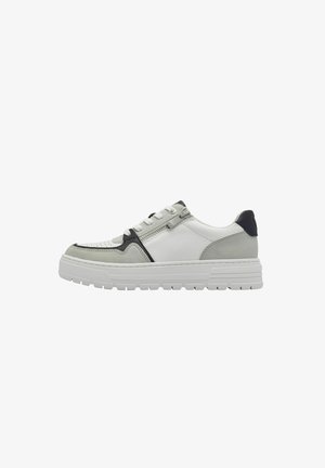 Sneaker featuring a mixed material design of white leather, grey suede, and black accents. Thick white rubber sole, round toe, and lace-up closure.