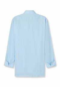 Hellblaues Langarmshirt mit weißen horizontalen Streifen. Verfügt über einen Kragen, geknöpfte Manschetten und einen geraden Schnitt. Glatte Stofftextur.