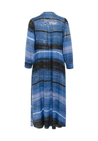 Modra oblekica z vzorcem, ki prikazuje navpične črte v različnih odtenkih modre z črnimi in zlatimi poudarki; dolgi rokavi in ovratnik.