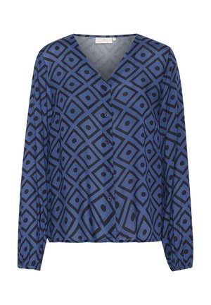 Blå mønstret bluse med v-hals, knaplukning, lange ærmer og et geometrisk design med diamanter og cirkler.
