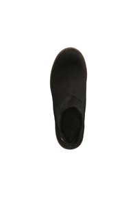 Scarpa nera slip-on con un'esterno liscio, morbido rivestimento interno e inserti elastici laterali per facilitare l'indossamento. Punta rotonda e suola piatta.