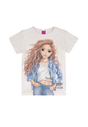 White T-shirt featuring a stylized girl with long wavy hair, denim jacket, white crop top, jeans, and "Hayden" and "Top Model" text.