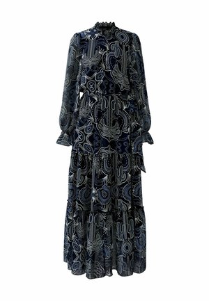 Robe maxi en tissu bleu foncé avec des motifs abstraits blancs et bleu clair. Manches bouffantes avec ourlet froncé et col haut.
