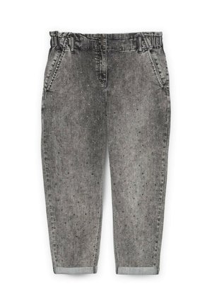Pantalons en denim gris à coupe décontractée, avec une taille à cordon de serrage, des ourlets roulés et des accents métalliques dispersés pour un aspect texturé.