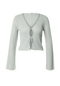 Hellgrüner, gekürzter Pullover mit gerippter Textur, V-Ausschnitt und langen Ärmeln. Verfügt über einen gebundenen Frontverschluss und einen rohen Saum.