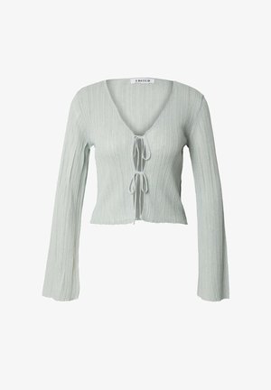 Hellgrüner, gekürzter Pullover mit gerippter Textur, V-Ausschnitt und langen Ärmeln. Verfügt über einen gebundenen Frontverschluss und einen rohen Saum.