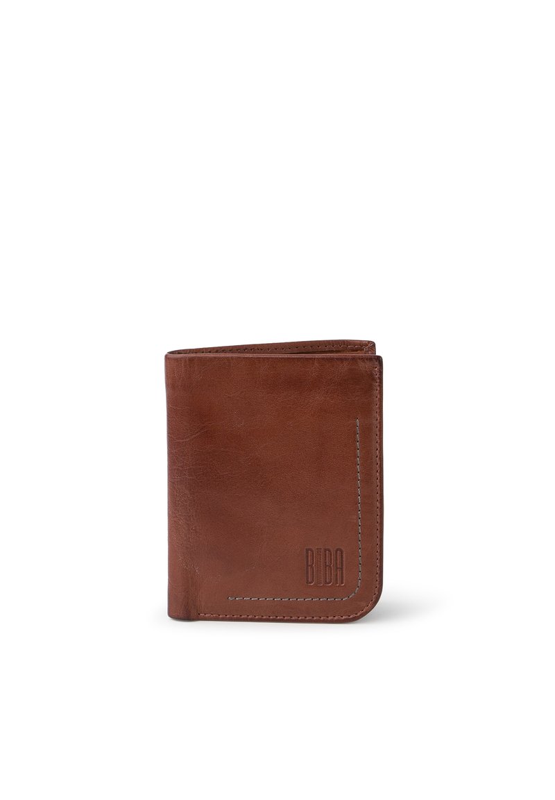 Portefeuille en cuir brun avec une texture lisse, présentant des coutures blanches et un logo en relief sur le devant. Design plié pour un rangement facile.
