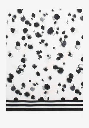 Abstrakt mønster med tilfældige sorte og grå pletter på en hvid baggrund, prydet med en vandret sortstribet kant i bunden.