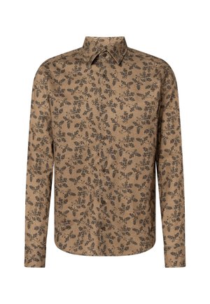 Bruine blouse met lange mouwen met zwart bloemmotief, knoopsluiting aan de voorkant en puntige kraag op witte achtergrond.