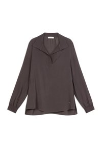 Blouse gris foncé à manches longues avec un large col et un décolleté en V, coupe ample et manches avec poignets.