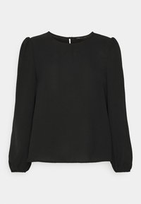 Blouse noire à manches longues avec encolure ronde, épaules légèrement bouffantes, poignets élastiques et petite fermeture à bouton au niveau de la nuque.