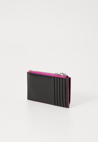 Black leather wallet with pink accents and a zip closure. Features multiple card slots on one side and a sleek, rectangular design.