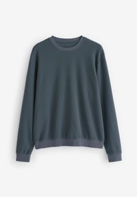 Langärmliger Sweatshirt mit Waffelstruktur in dunklem Blaugrün, mit einem runden Ausschnitt und kontrastierenden gerippten Bündchen und Saum in einer dunklen Graufarbe.