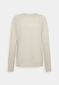Pull en maille beige clair à manches longues avec col rond, texture lisse et coupe ajustée, présenté de dos sur un fond neutre.