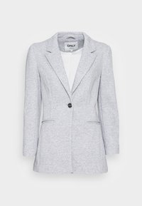 Grijze blazer gemaakt van gebreide stof, met een notch revers, een enkele knoopsluiting en twee voorzakken met contrasterende naden.