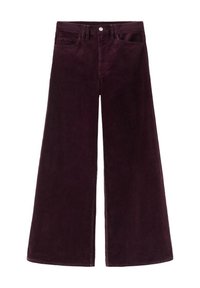 Pantalon large en velours côtelé violet foncé avec poches avant, passants de ceinture et fermeture avant par boutons.