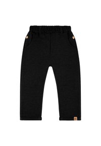 Czarne spodnie z miękkiego materiału, z elastycznym paskiem w talii, dwoma przednimi kieszeniami oraz małą łatką z logo w dolnej prawej części.