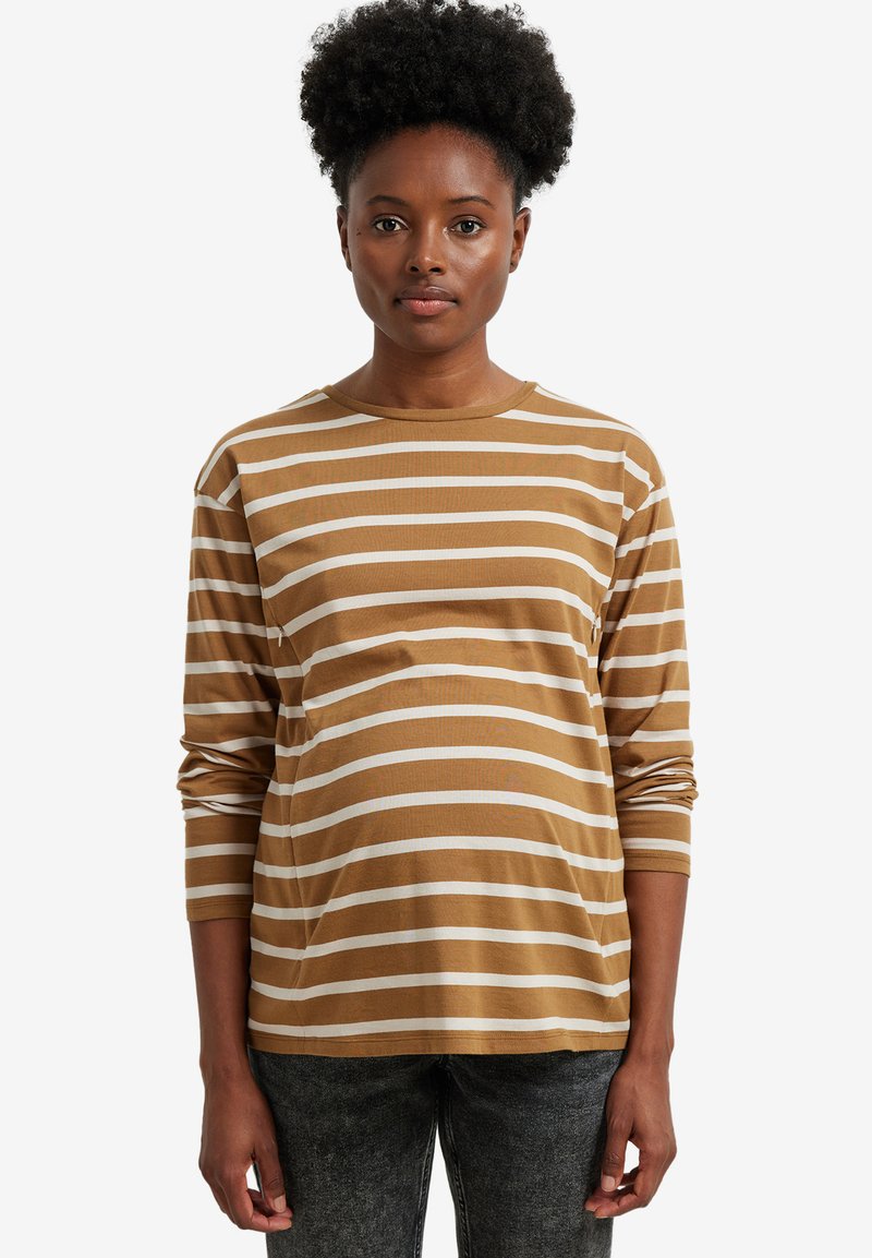 Braun- und weiß gestreiftes Langarmshirt mit Rundhalsausschnitt, das über eine lockere Passform und weiches Baumwollmaterial verfügt. Akzentuiert mit hochgerollten Ärmeln.