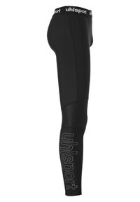 Leggings de sport noirs à coupe serrée, fabriqués dans un matériau extensible. Présentent une taille élastique de marque blanche et un logo sur le côté en texte blanc.