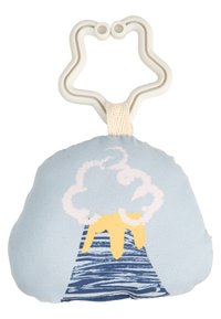 Weicher blauer Stoffbeißring in Wolkenform mit einem gelben vulkanischen Gipfel und weißen Rauchdetails; gummierter sternförmiger Griff.