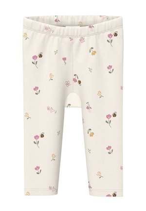 Leggings pour bébé de couleur crème avec des fleurs roses et jaunes éparses et de petites illustrations d'abeilles, taille élastique, jambes longueur cheville.