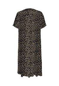 Abito con stampa leopardata caratterizzato da maniche corte, una vestibilità comoda e un collo rotondo. I colori includono marrone, beige e blu.