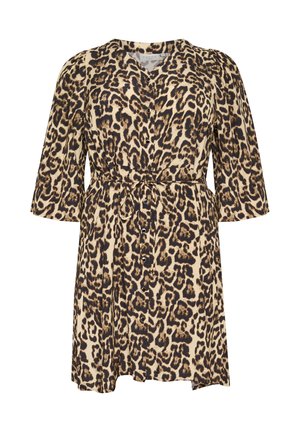 Zavinovacia šaty s leopardím vzorom a ¾ rukávmi, viazaním v páse a gombíkovým zapínaním. Majú béžový základ s tmavohnedými leopardími škvrnami. Mäkká textúra látky.