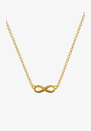Collar de oro con un colgante en forma de símbolo de infinito. La cadena presenta eslabones ovalados y un acabado pulido en el colgante que resalta su textura suave.