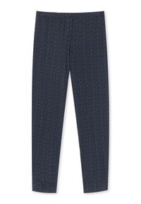 Marineblauwe leggings van rekbare stof met een geometrisch bloemenpatroon, een gladde textuur, een elastische tailleband en een taps toelopend ontwerp.
