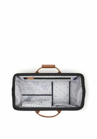 Sac rectangulaire noir avec une poignée beige, présentant un intérieur blanc avec des rayures diagonales bleues et des compartiments pour l'organisation.