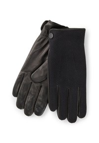 Zwarte leren handschoenen gecombineerd met een gestructureerde zwarte stof, voorzien van een knoopdetail en een nauwsluitende pasvorm, ontworpen voor warmte en comfort.