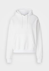 Sweat à capuche blanc en coton avec cordon de serrage, poche avant et poignets côtelés. Design court avec une texture douce.