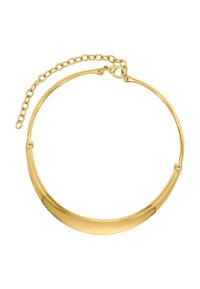 Collana choker in metallo dorato con un design liscio e curvo. Dotata di un'estensione a catena per dimensioni regolabili e una chiusura sicura con fermaglio.