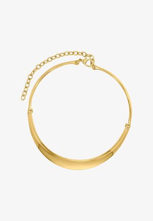 Collana choker in metallo dorato con un design liscio e curvo. Dotata di un'estensione a catena per dimensioni regolabili e una chiusura sicura con fermaglio.