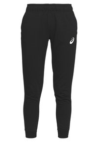Zwarte sweatpants met een elastische tailleband, taps toelopende benen en een witte logo-accent op de linker dij. Gemaakt van zachte, gestructureerde stof.