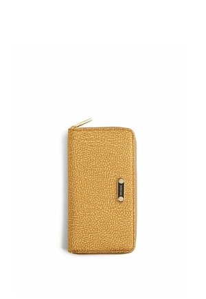 Rectangular mustard yellow wallet with a textured pattern, a zipper closure, and a small metallic brand label on the front.