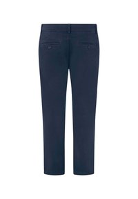 Tamsiai mėlynos medvilninės kelnės, tiesaus kirpimo, su dviem užpakaliniais kišenėmis su mygtukais ir tvarkingu apvadu.