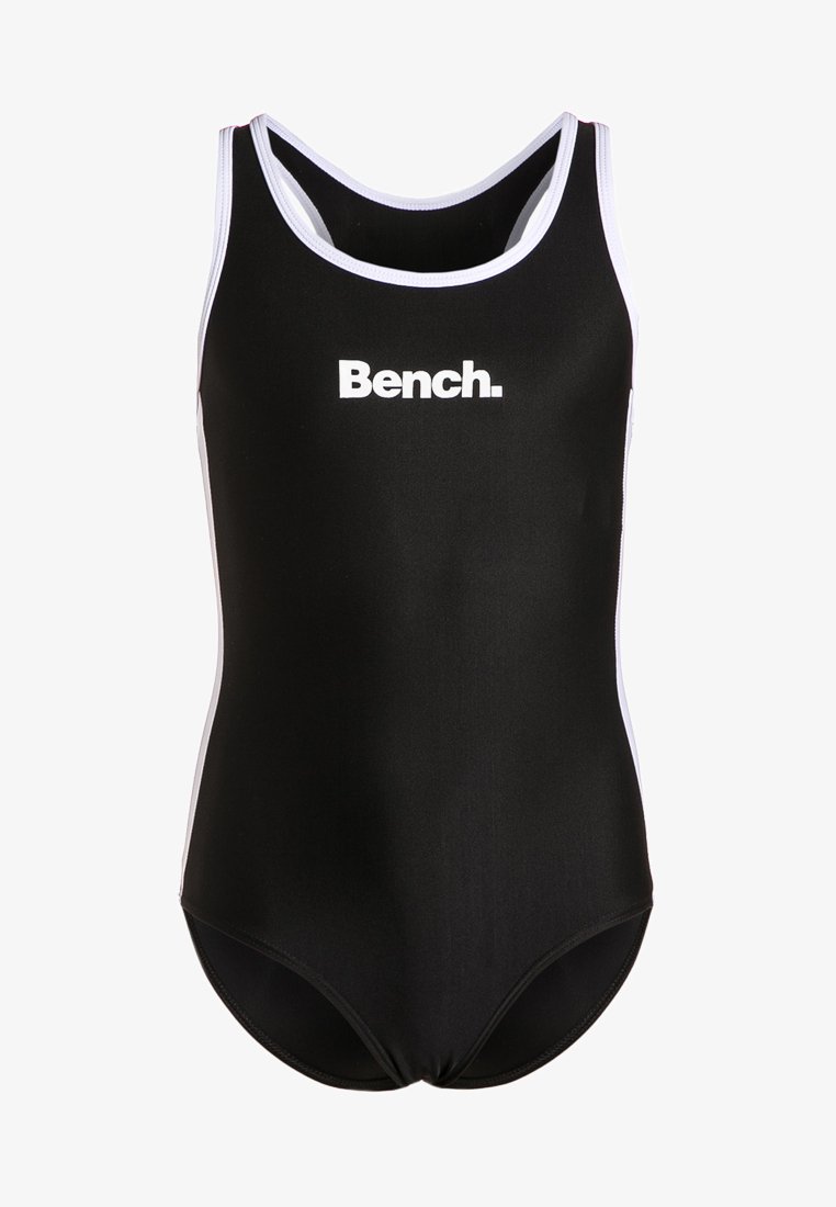 Zwart badpak met witte rand en het "Bench." logo op de voorkant. Heeft een eenvoudig ontwerp met brede schouderbanden en een standaard pasvorm.