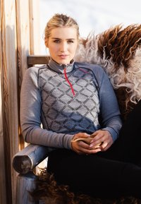 Grå lynlås pullover med gentagne sorte logoer, rød lynlåsdetalje, høj krave og lange ærmer. Baggrunden inkluderer tekstureret brunt pels.