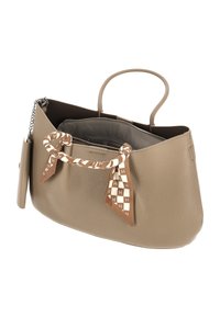 Brun læderhåndtaske med en struktureret form, der har et top håndtag og et tørklædedetalje i brun og hvid ternet mønster. Indvendig lynlåslomme medfølger.