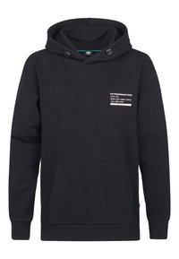 Felpa nera con cappuccio realizzata in morbido misto cotone, dotata di tasca a marsupio, cappuccio regolabile con lacci e stampa del logo frontale.