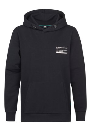 Hanorac negru dintr-un amestec moale de bumbac, având o buzunar tip cangur, un glugă ajustabilă cu șnur și un imprimeu logo pe față.