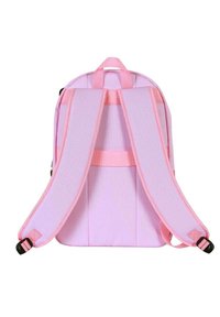 Mochila de color rosa claro con correas acolchadas y ajustables, una superficie suave y texturizada, y un panel trasero plano diseñado para mayor comodidad y soporte.