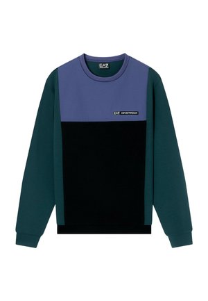 Felpa a maniche lunghe con scollo rotondo e blocchi di colore in viola, nero e verde scuro, con logo EA7 Emporio Armani sul petto.