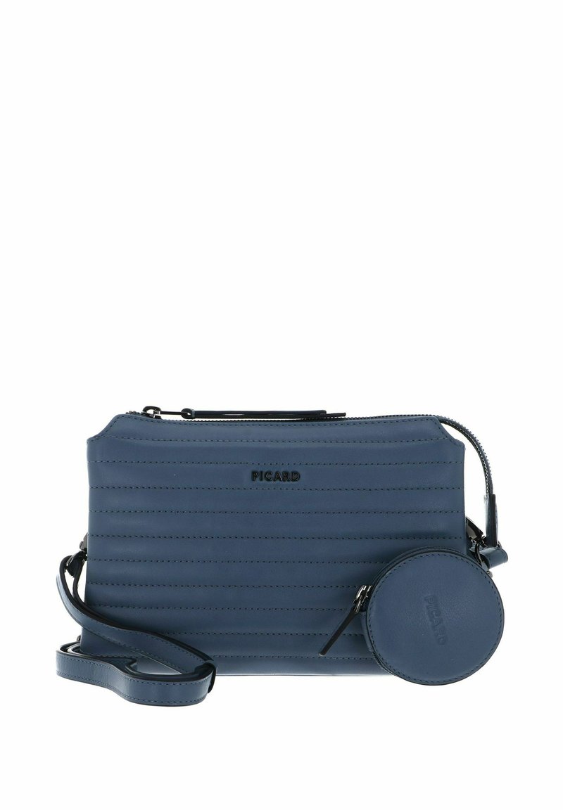 Sac bandoulière en cuir bleu avec une texture côtelée verticale, fermeture à glissière et une pochette ronde détachable pour pièces, avec un logo embossé.