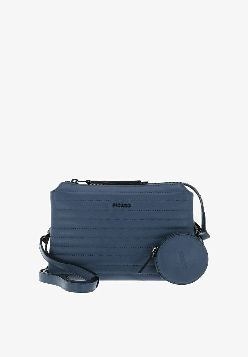 Sac bandoulière en cuir bleu avec une texture côtelée verticale, fermeture à glissière et une pochette ronde détachable pour pièces, avec un logo embossé.