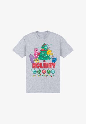 Szary t-shirt z krótkim rękawem, na którym znajdują się kolorowe kreskówkowe niedźwiedzie ozdabiające choinkę, z napisem "ŚWIĄTECZNA RADOŚĆ" oraz ozdobami i światełkami.