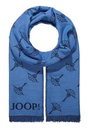 Écharpe bleue avec des imprimés floraux abstraits noirs et des bords à franges, avec le texte « JOOP ! » près d'une extrémité.
